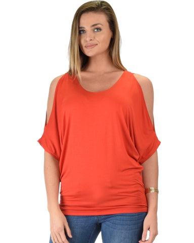 Lyss Loo Contemporary Cold Shoulder Rust Dolman Tunic Top - Clothing Showroom