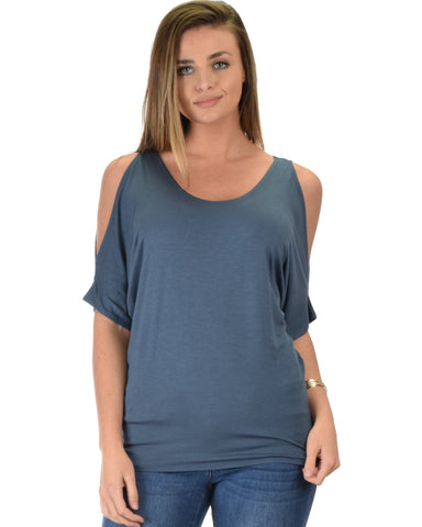 Lyss Loo Contemporary Cold Shoulder Blue Dolman Tunic Top - Clothing Showroom