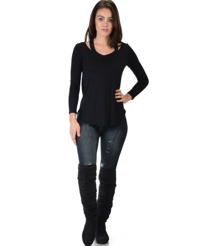 Lyss Loo Cut Me Out Cold Shoulder Black Long Sleeve Top - Clothing Showroom