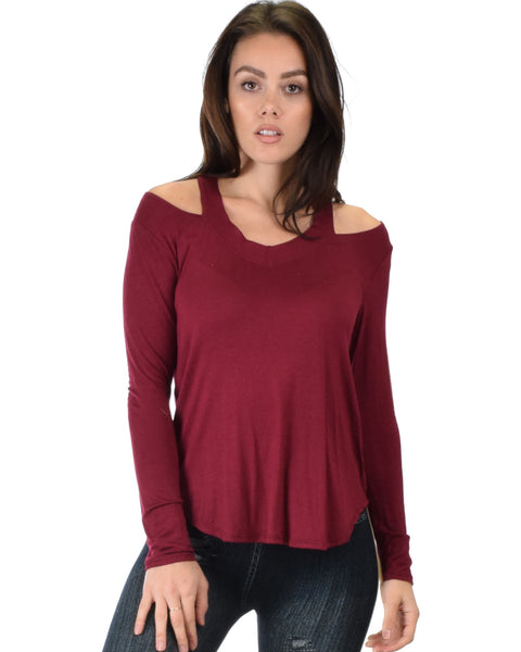 Lyss Loo Cut Me Out Cold Shoulder Burgundy Long Sleeve Top - Clothing Showroom