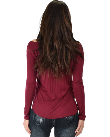 Lyss Loo Cut Me Out Cold Shoulder Burgundy Long Sleeve Top - Clothing Showroom