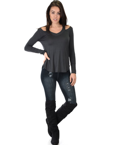 Lyss Loo Cut Me Out Cold Shoulder Charcoal Long Sleeve Top - Clothing Showroom