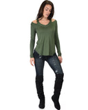 Lyss Loo Cut Me Out Cold Shoulder Olive Long Sleeve Top - Clothing Showroom
