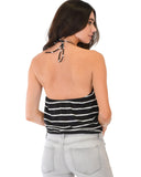 Lyss Loo Dapperly Draped Striped Black Halter Top - Clothing Showroom