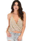 Lyss Loo Dapperly Draped Striped Taupe Halter Top - Clothing Showroom