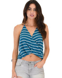 Lyss Loo Dapperly Draped Striped Blue Halter Top - Clothing Showroom
